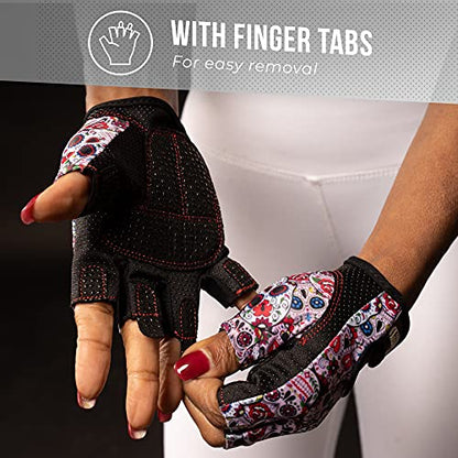 Contraband Pink Label 5237 Designer Series Workout Gloves for Women | Sugar Skull Print Weight Lifting Gloves for Women w/Grip-Lock Padding | Gym Gloves for Women w/Medium Padding (White, Large)