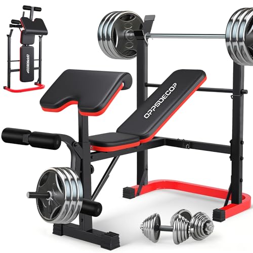 OPPSDECOR Foldable Weight Bench Set with Preacher Curl Pad and Squat Rack, 660LBS Adjustable Bench Press with Leg Extension and Leg Curl, Incline Decline Home Gym Bench for Women Teens Full Body Strength Training - color: Carmine