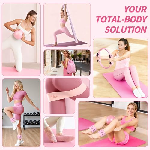Pilates Kit, Home Pilates Workout Kit for Women, Pilates Equipment with 14.5" Pilates Ring and Ball, Resistance Bands, Ankle Weights, Sliders & Grip Socks for Home Workouts