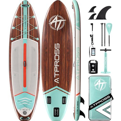 11'6"x35" Inflatable Paddle Board, 450lbs Extra Wide Stand Up Paddleboard for Adults with Premium SUP Accessories Kit & Backpack, Blow Up Kayak Non-Slip Stable Deck Boat for Yoga Fishing Surf - style: Wooden