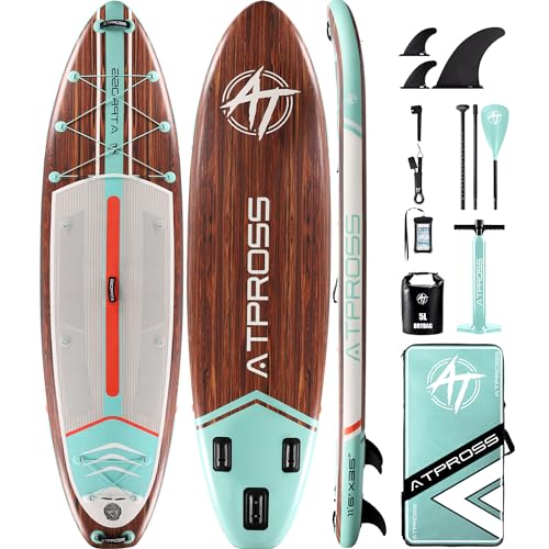11'6"x35" Inflatable Paddle Board, 450lbs Extra Wide Stand Up Paddleboard for Adults with Premium SUP Accessories Kit & Backpack, Blow Up Kayak Non-Slip Stable Deck Boat for Yoga Fishing Surf - style: Wooden