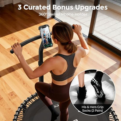 BCAN BT4 38/40/48" Soft Land Pro Adult Bungee Rebounder Trampoline, 500lb Capacity, Adjustable Tension Bungees, One-Piece Frame, Quiet Indoor Cardio w/Handle,Phone Holder & 2 Pairs Socks| FED Fitness - color: 38IN-Black