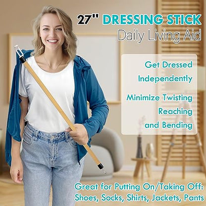 Nourislif 27'' Dressing Stick, Long Dressing Stick for Elderly, Disabled, Limited Mobility – Daily Living Dressing Aid Stick for Hip Replacement, Back - Dressing Aid for Pants, Shoes, Socks