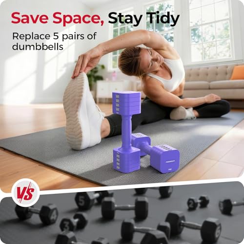 FEIERDUN DB3 5-in-1 Adjustable Dumbbell Set, 6LB/10LB Pair Adjustable Weights for Women at Home, Dual Locking Stable Hand Weights with TPU Soft Handle, Home Gym, Rehab, Pilates, Yoga, Strength Training - color: D-Vivid Purple, style: 6LBS Pair (12LBS Tota
