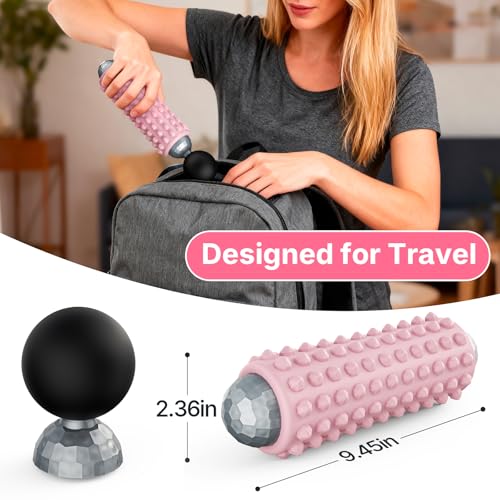 Mini Electric Massage Roller 4 Speeds Vibrating Massage Ball, 2-in-1 Portable Muscle Massager Gun & Roller for Muscle Relief, Detachable Heads, Rechargeable, For Fitness, Office, Travel (Pink)