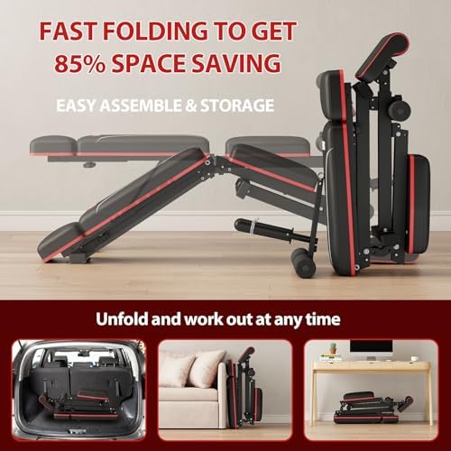 Foldable Weight Bench, Adjustable Workout Bench with Leg Extension, Preacher Pad, Extended Headrest, Space-saving Banco de Pesas for Home Gym, 800lbs Full Body Workouts Strength Training