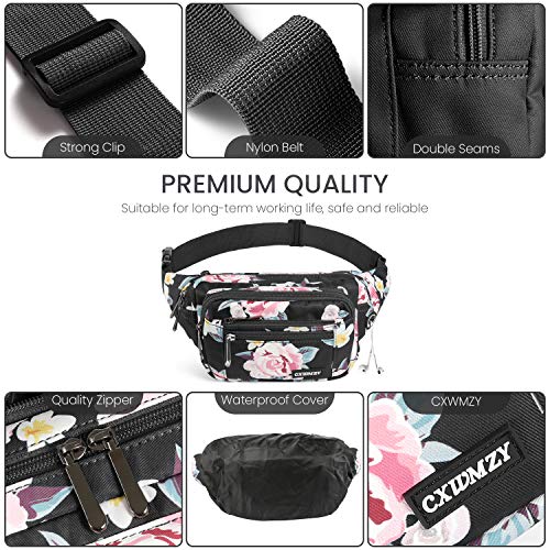 CXWMZY Fanny Packs For Women & Men Waist Pack Hip Bum Bag with Multi-Pockets Large Capacity Waterproof Casual Bum Bag for Disney Traveling Casual Cycling Running Hiking - color: Black_Flower