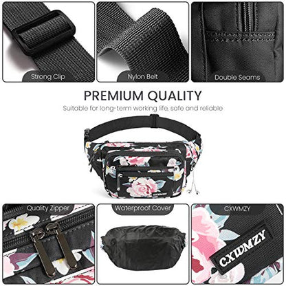 CXWMZY Fanny Packs For Women & Men Waist Pack Hip Bum Bag with Multi-Pockets Large Capacity Waterproof Casual Bum Bag for Disney Traveling Casual Cycling Running Hiking - color: Black_Flower