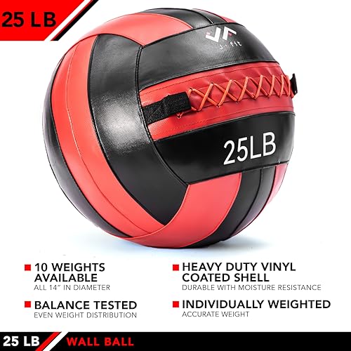 JFit Wall Ball – Premium Soft Weighted Exercise Ball for Strength, Conditioning, Gym & Home Workouts, 4-30 LB - color: Red/Black, style: 25-Pound