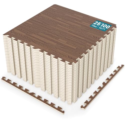 Happygrill 100 Sq. Ft. Interlocking Foam Floor Tiles, 25 PCS 2/5 Thick Wood Grain EVA Foam Mat w/50 Borders, 24” x 24” Puzzle Exercise Mat Gym Flooring for Home Gym Basement Playroom Yoga, Brown - color: Brown, size: 100 Sq. Ft.