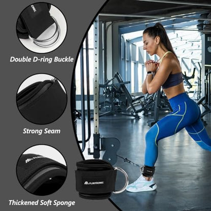flintronic 2Pcs Ankle Straps for Cable Machine, Gym Cuffs with Double Stainless Steel D-Ring, Gym Ankle Cuff with Adjustable Neoprene Ve-lcro, Muscle Shaping for Men and Women - Black