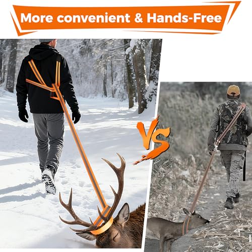 Deer Drag Harness & Rope – Heavy Duty 480lbs Capacity, Reflective Orange Hunting Gear with Comfortable Shoulder Strap, Soft Handle – Essential for Dragging Deer, Elk, Boar – Gift for Hunters