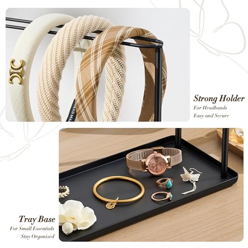 Headband Holder Organizer Metal 2-Tier with Tray: Hair Accessories Display Stand Storage Hairband Rack Necklace Stand Home Bedroom for Girls Women, Black