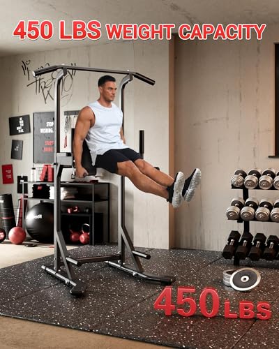 Pull Up Bar Free Standing Power Tower Dip Station, 450 Lb Capacity Carbon Steel Pull Up Station for Home Gym, Adjustable Height for Pullups Chin Ups Dips Knee Raises