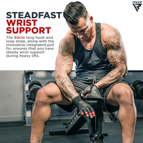 RDX Weight Lifting Gloves Gym Workout, Maya Hide Leather, 50CM Long Wrist Support, Full Palm Protection, Powerlifting Strength Training Deadlifting Bodybuilding Exercise, Ventilated Men Women Home Gym - size: Medium