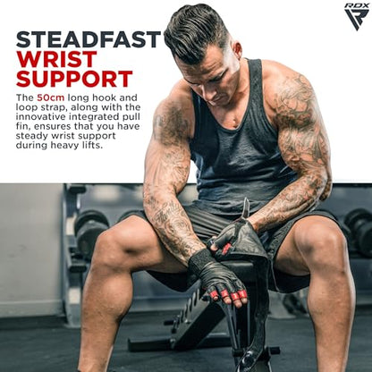 RDX Weight Lifting Gloves Gym Workout, Maya Hide Leather, 50CM Long Wrist Support, Full Palm Protection, Powerlifting Strength Training Deadlifting Bodybuilding Exercise, Ventilated Men Women Home Gym - size: Medium