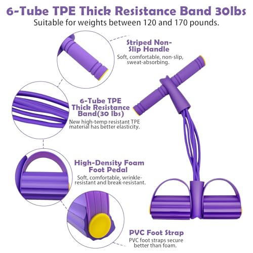 Pedal Resistance Band with Handle,4/6/8 Tubes Options,Full-Body Use - color: 6Tubes-Purple