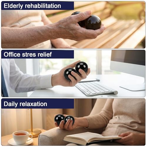 Hand Exercise Balls Set of 2, Chinese Stress Relief Baoding Balls with Leather Pouch - color: Black