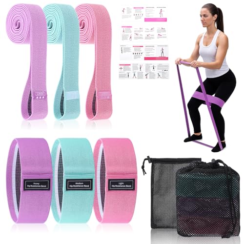 6PCS Fabric Resistance Bands for Legs, 3 Strength Level Elastic Stretching Assist Band with Portable Bag, Non-Slip Workout Bands for Squats Yoga Therapy, Women Cloth Band for Working Out
