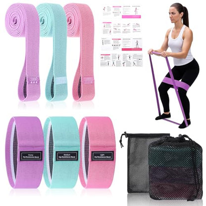 6PCS Fabric Resistance Bands for Legs, 3 Strength Level Elastic Stretching Assist Band with Portable Bag, Non-Slip Workout Bands for Squats Yoga Therapy, Women Cloth Band for Working Out