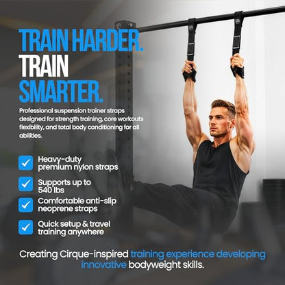 Suspension Trainer Straps – Premium Nylon Bodyweight Fitness Straps for Home & Gym Workouts, Adjustable Exercise Straps with 540lbs Load Capacity, Black, Pair