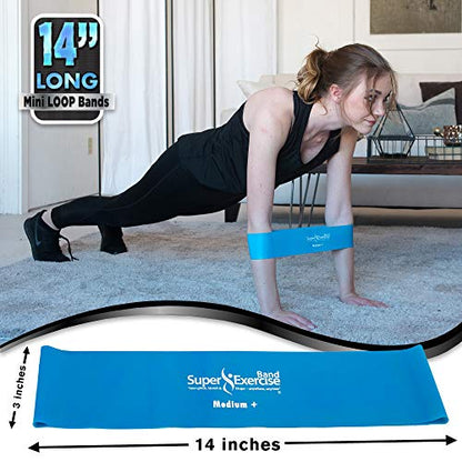 USA 14" x 3" Extra Long Latex Free Mini Loop Bands in 3, 5, 10 Pack Sets. 10 Strengths for Resistance Training, Stretching, Yoga, Toning. Plus an Exclusive iPhone App and E-Book. - color: n. Sky Blue MEDIUM+ Loop Band 5 Pack