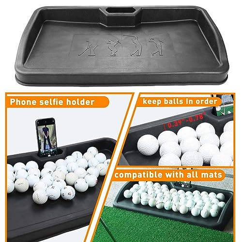Heavy Duty Golf Ball Tray - with Cell Phone Holder Record Golf Swing - 100 Ball Capacity - High Impact Rubber Golf Tray Compatible with All Hitting Mats