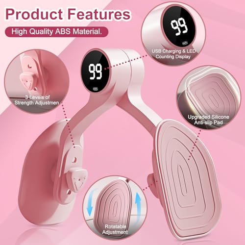 Thigh Trainer [2026 Upgraded], Thigh Trainer Thigh Exerciser, Inner Thigh Exerciser, 360° Pelvic Floor Exercise Devices, Hip Trainer Kegel Excerciser, 20LB Resistance Band, Pink - style: LED Display