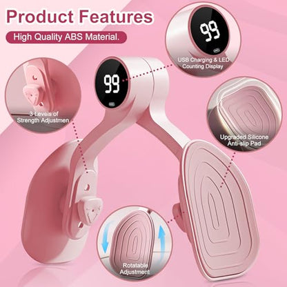 Thigh Trainer [2026 Upgraded], Thigh Trainer Thigh Exerciser, Inner Thigh Exerciser, 360° Pelvic Floor Exercise Devices, Hip Trainer Kegel Excerciser, 20LB Resistance Band, Pink - style: LED Display