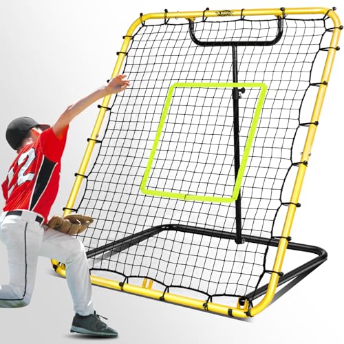 Baseball Rebounder Net - 4x4.5FT Baseball Pitchback Net for Pitching and Fielding Training, Angle Adjust Bounce Back Net
