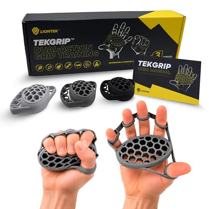 TEKGRIP Hand Grip Strengthener & Finger Exerciser, Dual-Action Grip and Extension Trainer with 3 Progressive Resistance Levels