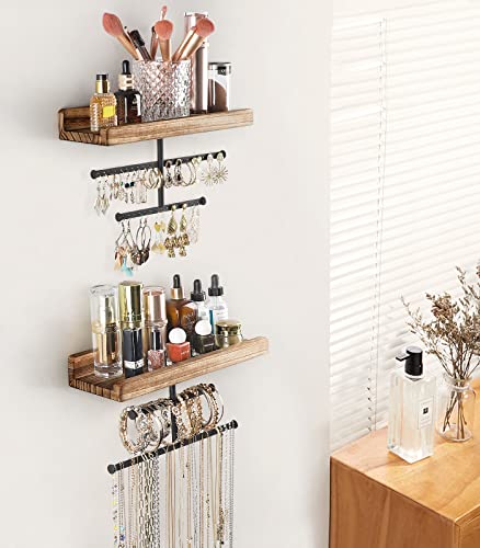 Hanging Wall Mounted Jewelry Organizer with Rustic Wood Jewelry Holder Display for Necklaces Bracelet Earrings Ring Set of 2 Carbonized Black,[Patented] - color: Carbonized Black