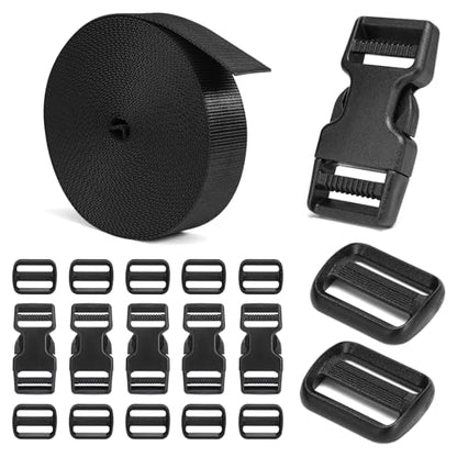 BEYOURD Buckles and Straps Set 1": 6 Yards of Thick Nylon Webbing, 6-Pack Heavy Duty Adjustable Quick Side Release Plastic Buckles, 12 Tri-Glide Slide Clips, Black (1-Inch Combo Set) - style: 1" Combo Set