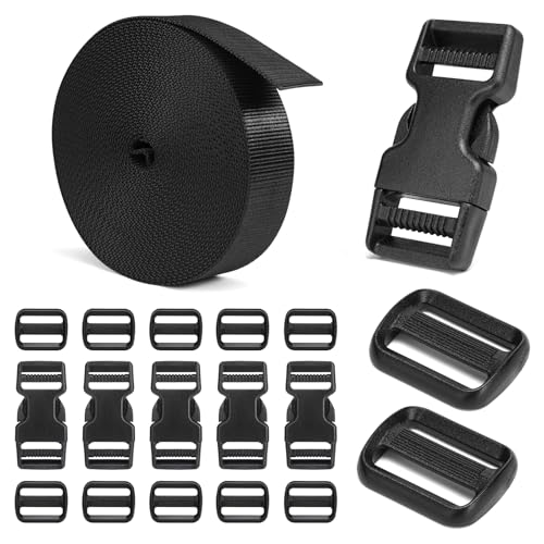 BEYOURD Buckles and Straps Set 1": 6 Yards of Thick Nylon Webbing, 6-Pack Heavy Duty Adjustable Quick Side Release Plastic Buckles, 12 Tri-Glide Slide Clips, Black (1-Inch Combo Set) - style: 1" Combo Set