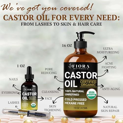 Organic Castor Oil in Glass Bottle – 16 Oz Cold Pressed & Hexane-Free – USDA Certified – Skin Moisturizer, Hair Growth Oil For Lashes, Brows, Skin & Scalp – with Pump - size: 16 Fl Oz (Pack of 1)