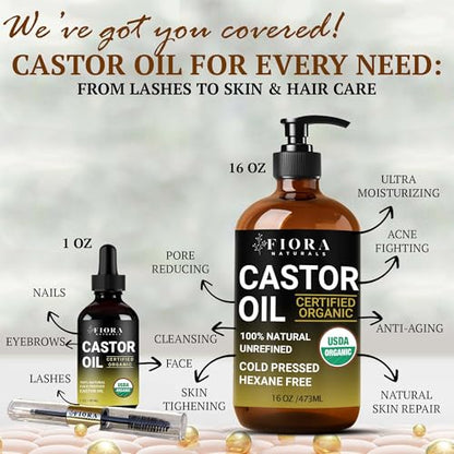 Organic Castor Oil in Glass Bottle – 16 Oz Cold Pressed & Hexane-Free – USDA Certified – Skin Moisturizer, Hair Growth Oil For Lashes, Brows, Skin & Scalp – with Pump - size: 16 Fl Oz (Pack of 1)