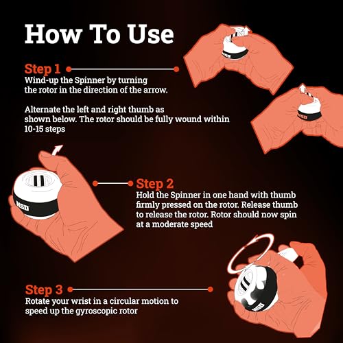 NSD Manual Thumb Wind Start Spinner Gyro Ball – Up to 15,000-18,000 RPM Premium & Durable Hand Strengthener and Wrist Exerciser for Grip Strength Training, Forearm Workout, and Pain Relief - size: Thumb-Wind Start XL Metal