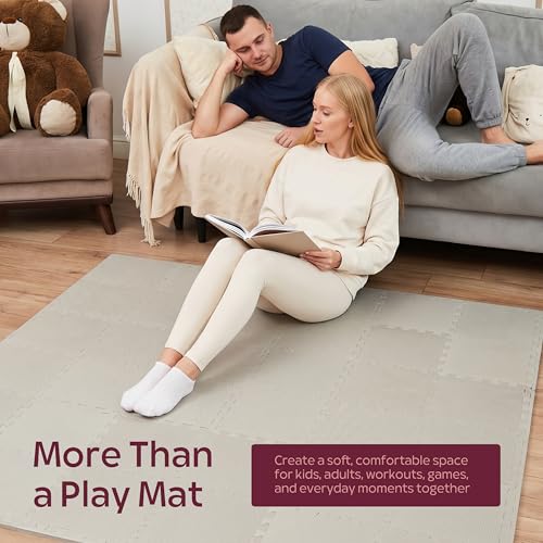 Foam Play Mat for Floor - 36 Interlocking Tiles 71x71 in, 0.6" Thick Puzzle Mat for Baby, Toddler & Home Gym, Cross-Texture EVA Foam, Edge Borders Included, Solid Gray