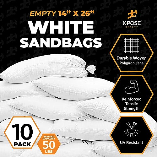 Xpose Safety Heavy Duty Sand Bags with Tie Strings – Empty Woven Polypropylene Sandbags for Hurricane Flood Protection, 50 lb Capacity, 14" x 26", White, Pack of 10 - color: White, size: 10 Sandbags