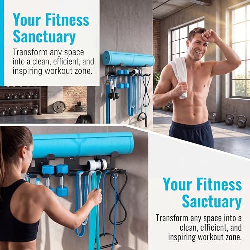 Heavy-Duty Metal Gym Storage Rack, Wall-Mounted Multi-Purpose Home Gym Organizer for Yoga Mat, Resistance Bands, Jump Ropes, Weight Belts - Space-Saving Garage Gym Storage with Removable Hooks