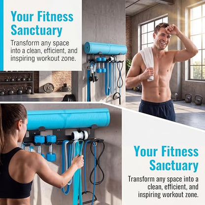 Heavy-Duty Metal Gym Storage Rack, Wall-Mounted Multi-Purpose Home Gym Organizer for Yoga Mat, Resistance Bands, Jump Ropes, Weight Belts - Space-Saving Garage Gym Storage with Removable Hooks
