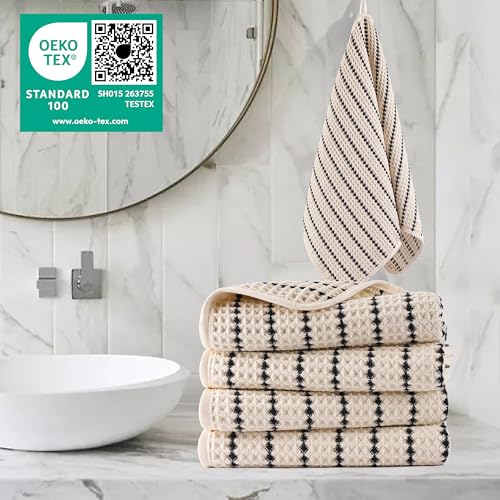 POLYTE 430 GSM Poly Blend Microfiber Quick Dry Waffle Hand Towel, 16x30 in - color: Light Beige/Black