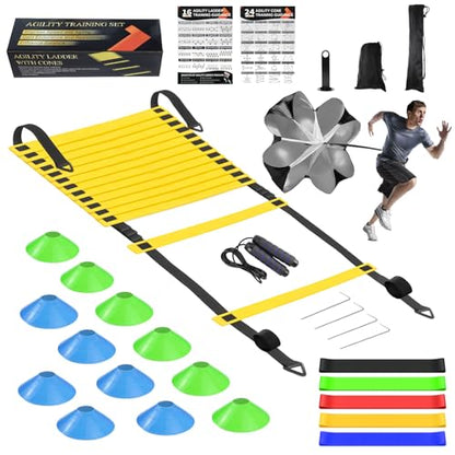 Speed Agility Training Equipment Set, Agility Ladder 20ft, 12 Football Cones, Resistance Parachute/Soccer Kick Trainer, Jump Rope, 5 Resistance Bands, Football Practice Equipment for Kids Adults