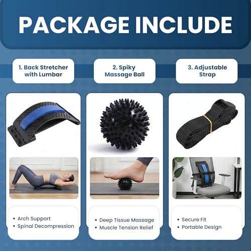 Back Stretcher for Lower Back Pain Relief with Massage Ball & Support Belt, Multi-Level Adjustable Arch Lumbar Back Cracker Board, Spine Decompression & Posture Support Back Massager