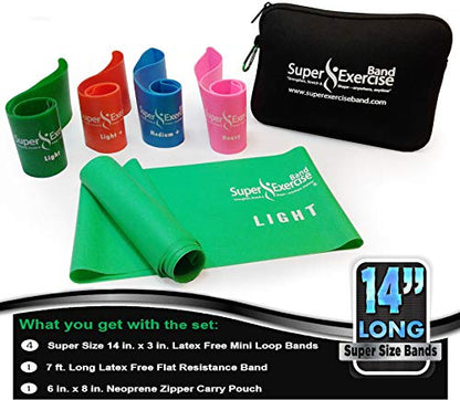 USA 14" x 3" Extra Long Latex Free Mini Loop and Flat Resistance Band 5 Set. in Light, Medium or Heavy Strength. Includes an Exclusive iPhone App, E-Book, and Carry Bag. - color: a. LIGHT STRENGTH GREEN Set