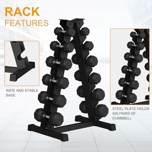 Hex Dumbbell Sets with Rack, 210LB (5-30Lb, 6 Pairs) Rubber Coated Dumbbell Weight Set and Storage Rack,Multiple Sizes Exercise & Fitness Dumbbells for Muscle Toning, Strength Building & Full Body Workout