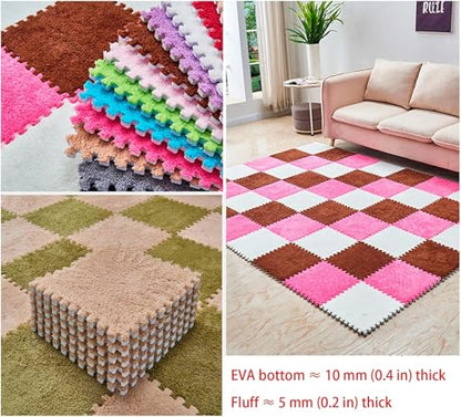 12 Pieces Thickened Plush Foam Interlocking Floor Mat,Fluffy Square Foam Tiles with 12 Edgings,Soft Anti-Slip Puzzle Area Rug Playmat for Bedroom,12X12inch,12 Tiles/11.6 Sq.Ft,Grey Purple - color: Grey Purple