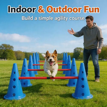 Dog Agility Course Backyard Set, Dog Agility Hurdle Cone Set with 4-Height Adjustable & Storage Bag, Training Hurdle for Dogs Obstacle Course - 12 Cones & 6 Agile Rods Combo