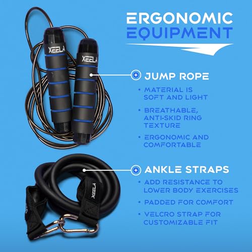 Xeela Full Body At Home Workout Equipment with 3-Month Digital Guide Included, Quality Portable Fitness Equipment with Jump Rope, Resistance Bands with Handles, Ankle Straps for All Fitness Levels