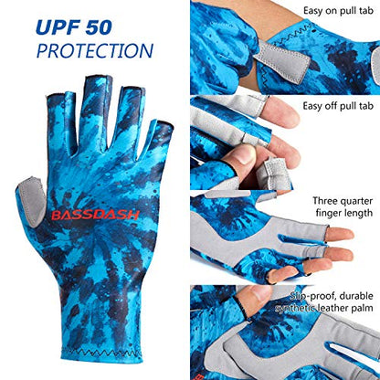 BASSDASH ALTIMATE UPF 50+ Sun Protection Fingerless Fishing Gloves Men - color: Blue Camo, size: Medium